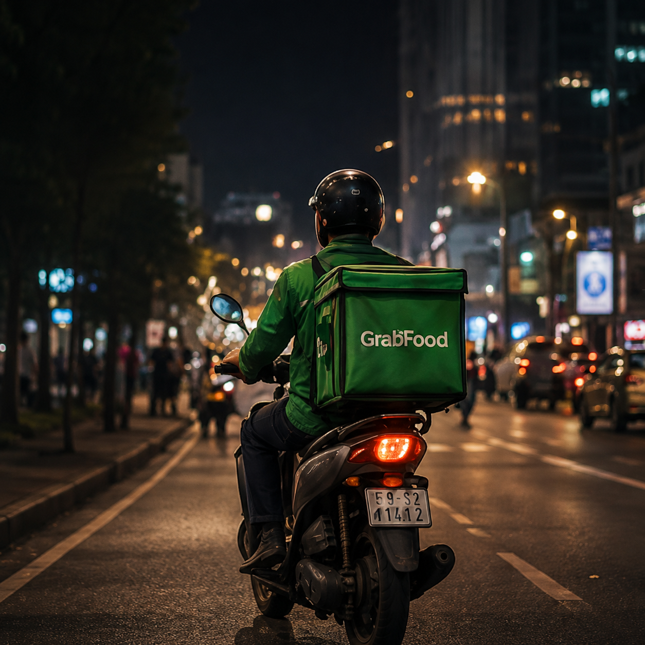 夜间城市街道上的 GrabFood 外卖骑手